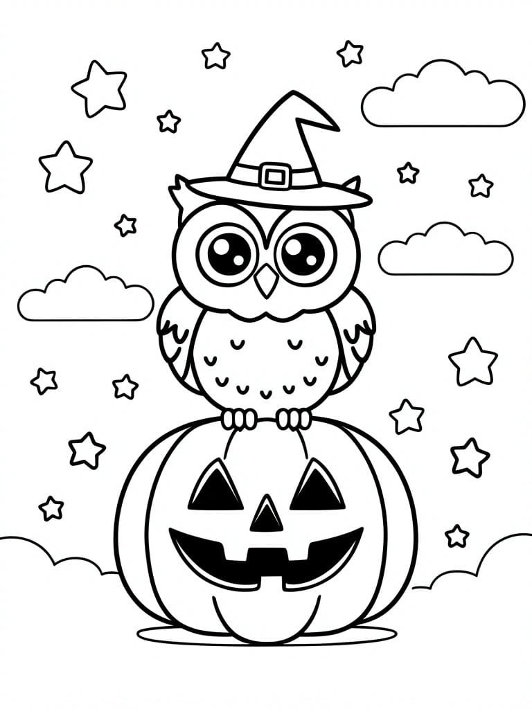 A black and white line drawing of a cute owl in a witch hat sitting on a jack-o-lantern pumpkin with stars and clouds in the background.