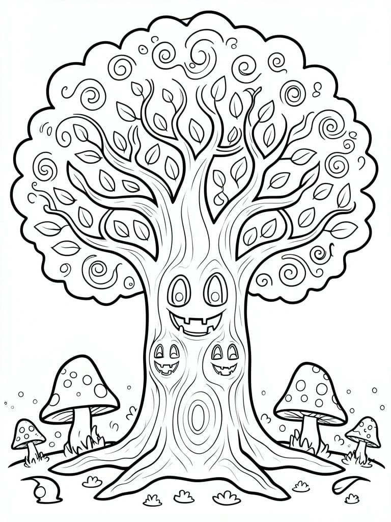 Cartoon tree with carved spooky faces and spotted mushrooms in line art style