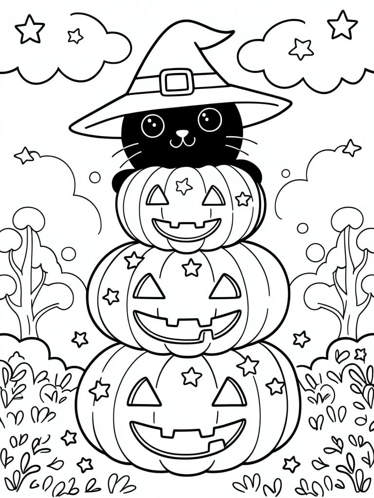 Stacked jack-o'-lanterns with black cat in witch hat under starry sky