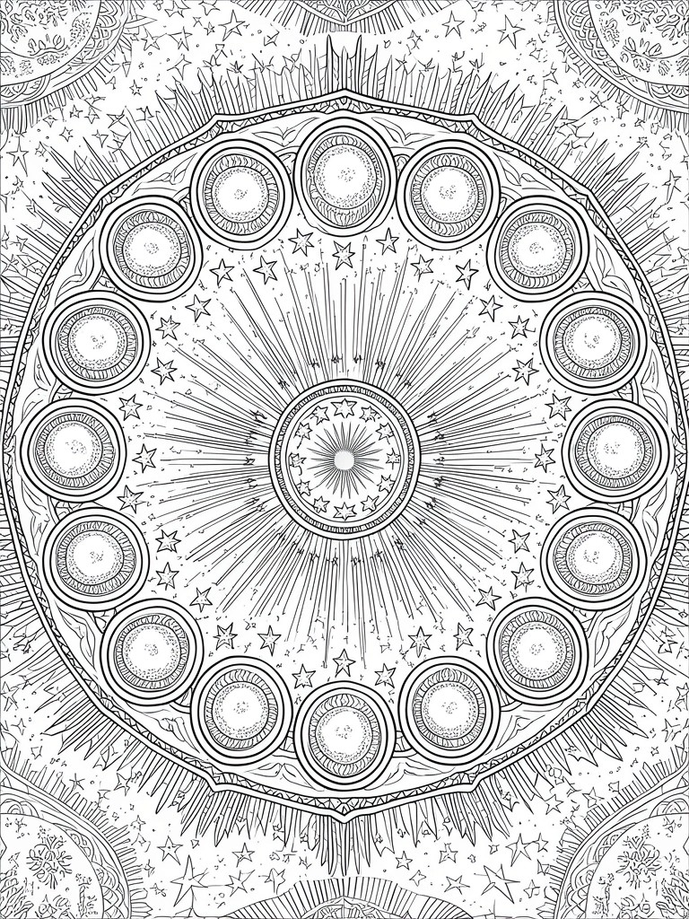 A black and white mandala coloring page with a central circle, radiating lines, stars, and multiple rings of smaller circles arranged symmetrically.