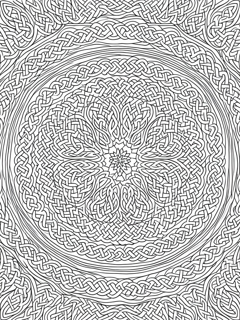 A black and white mandala coloring page featuring intricate Celtic knot patterns arranged in concentric circles around a central floral design.
