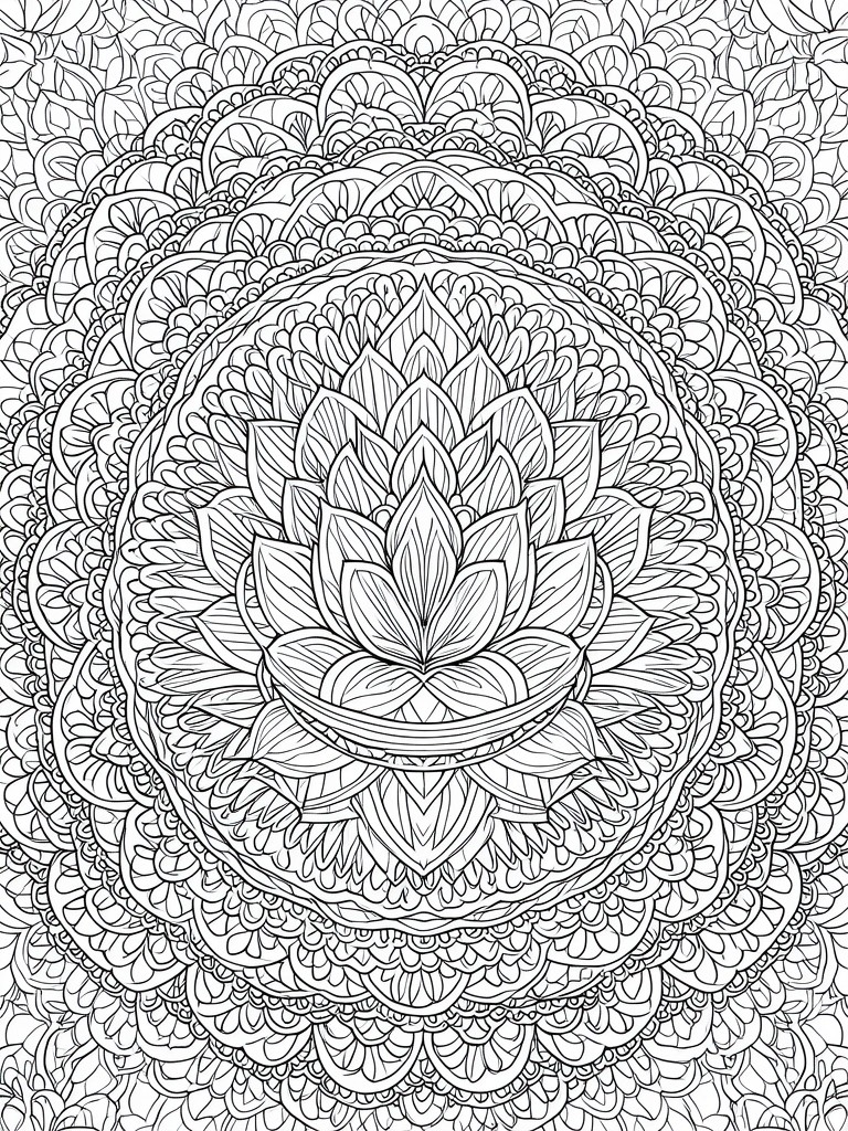 A black and white mandala coloring page with a lotus flower at the center and multiple rings of symmetrical floral patterns around it.