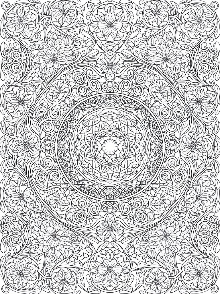 Intricate black-and-white mandala with floral patterns and swirling vines.