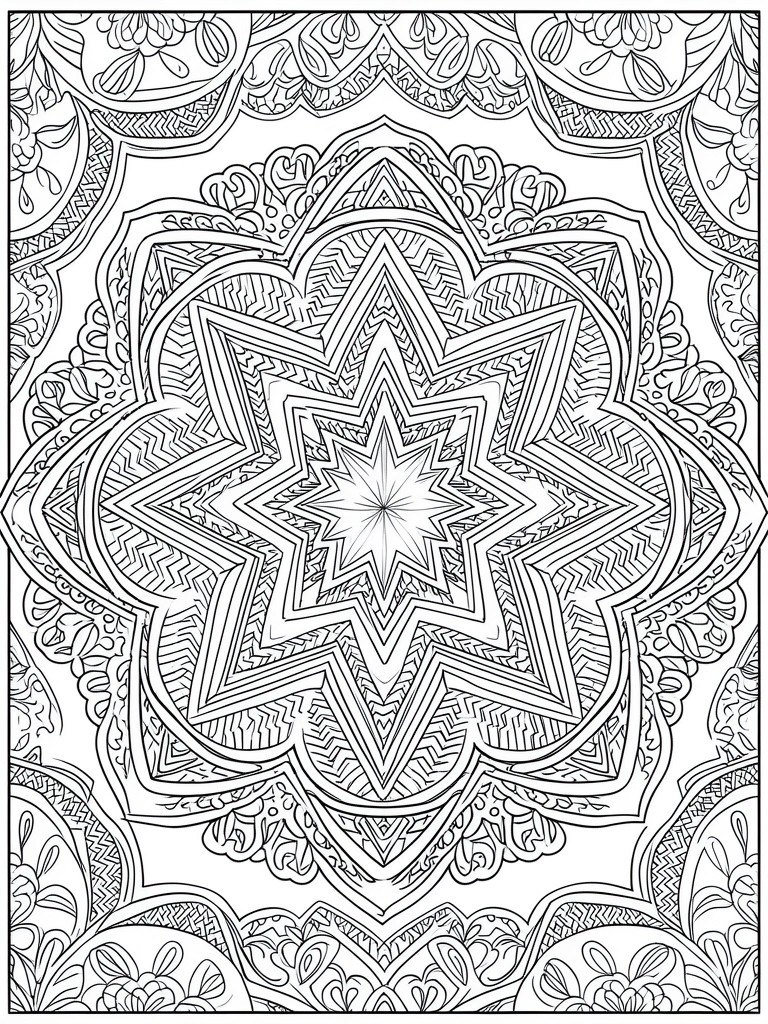 Intricate black-and-white mandala with central star and layered floral patterns.
