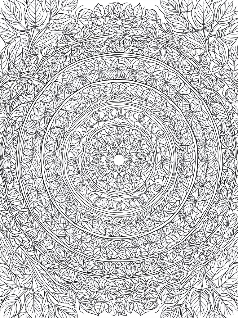 Intricate black-and-white mandala with concentric rings of leaves and floral patterns.