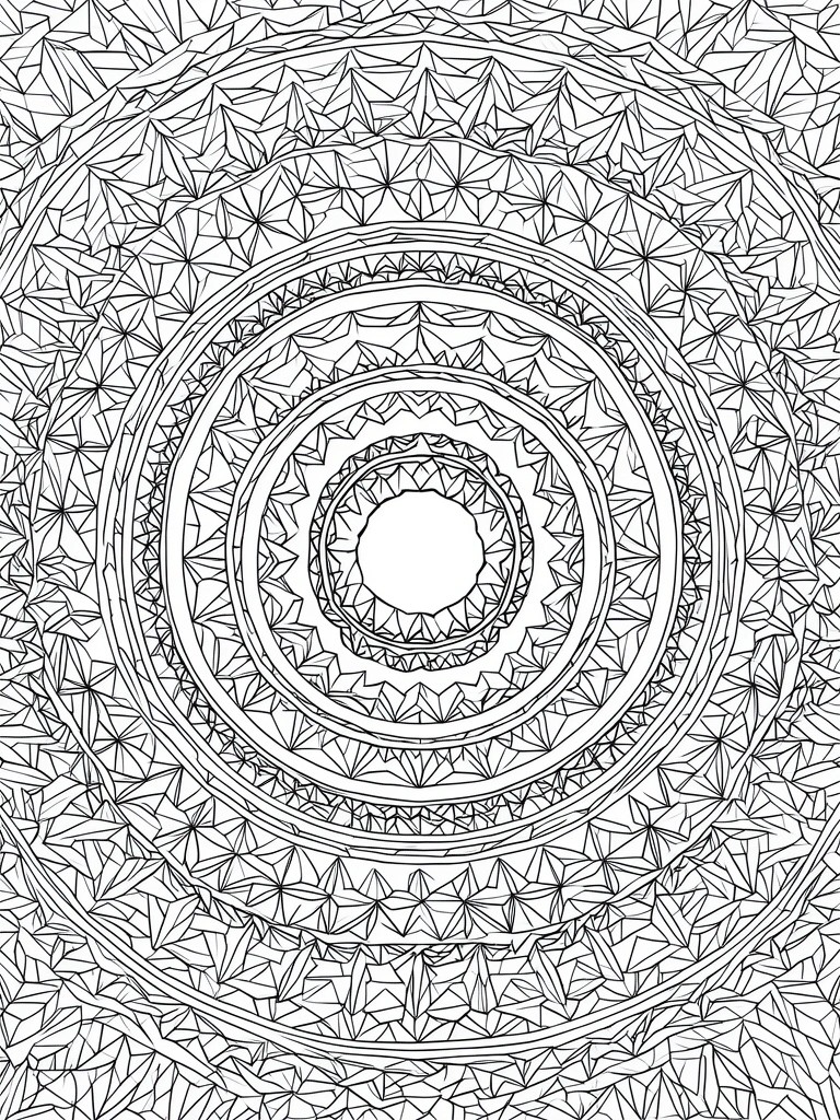 A black and white mandala coloring page featuring multiple concentric circles filled with repeating triangular geometric patterns.