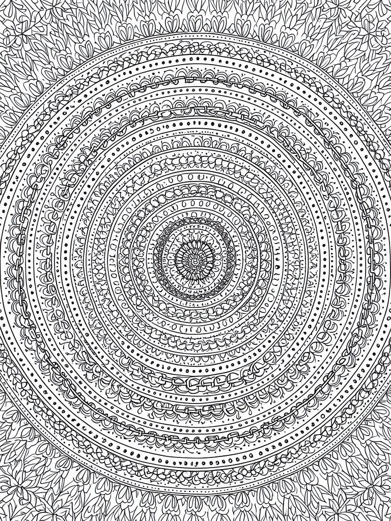 A black and white mandala coloring page featuring concentric circular patterns with intricate repeating designs and a floral outer border.