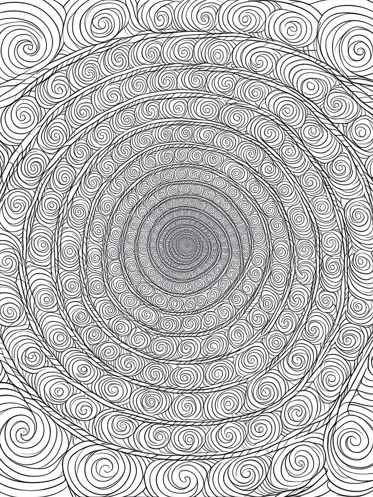 Black and white mandala coloring page featuring multiple concentric rings of spiral and swirl patterns radiating from the center.