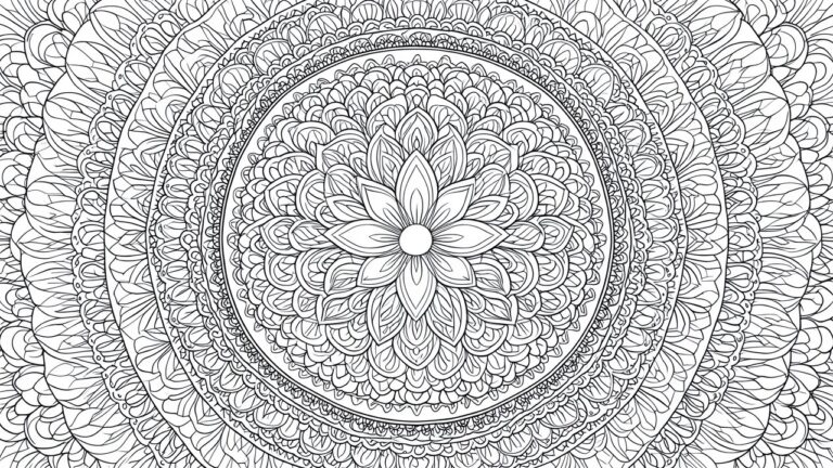 A black and white mandala coloring page with a lotus flower at the center and multiple rings of symmetrical floral patterns around it.