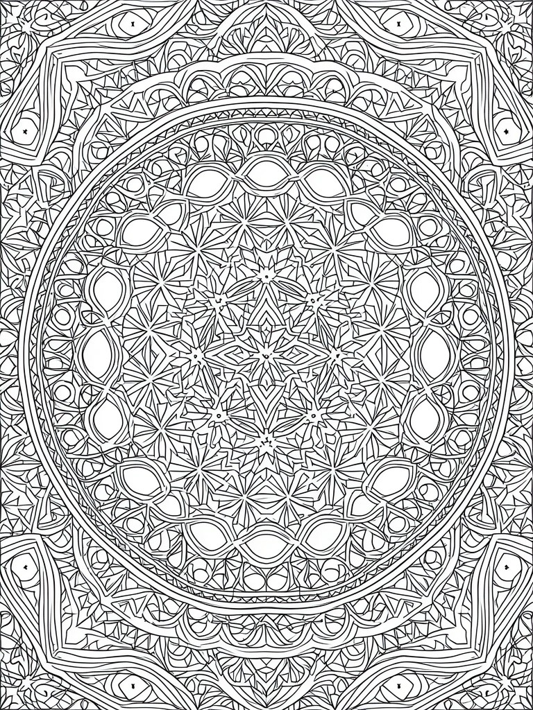 A black and white mandala coloring page with concentric circles of repeating stars, teardrops, and geometric patterns.