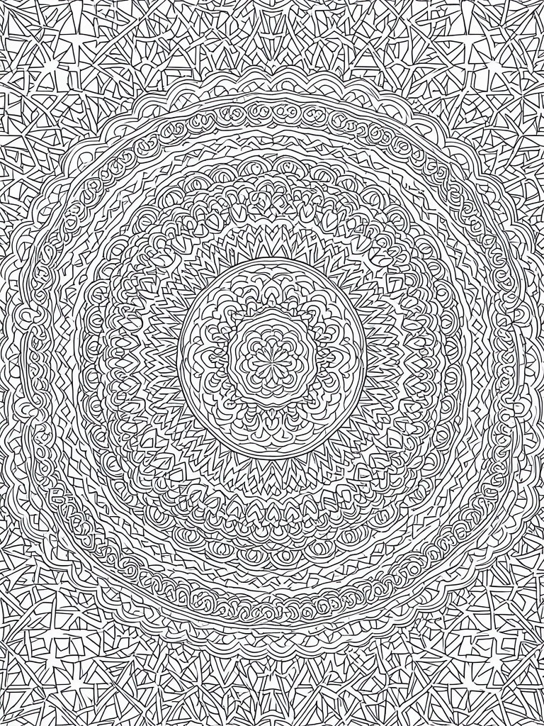 Intricate black-and-white mandala with layered floral and geometric patterns.