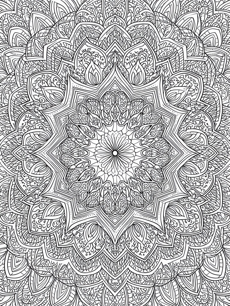 Intricate black-and-white mandala with layered floral and geometric patterns.