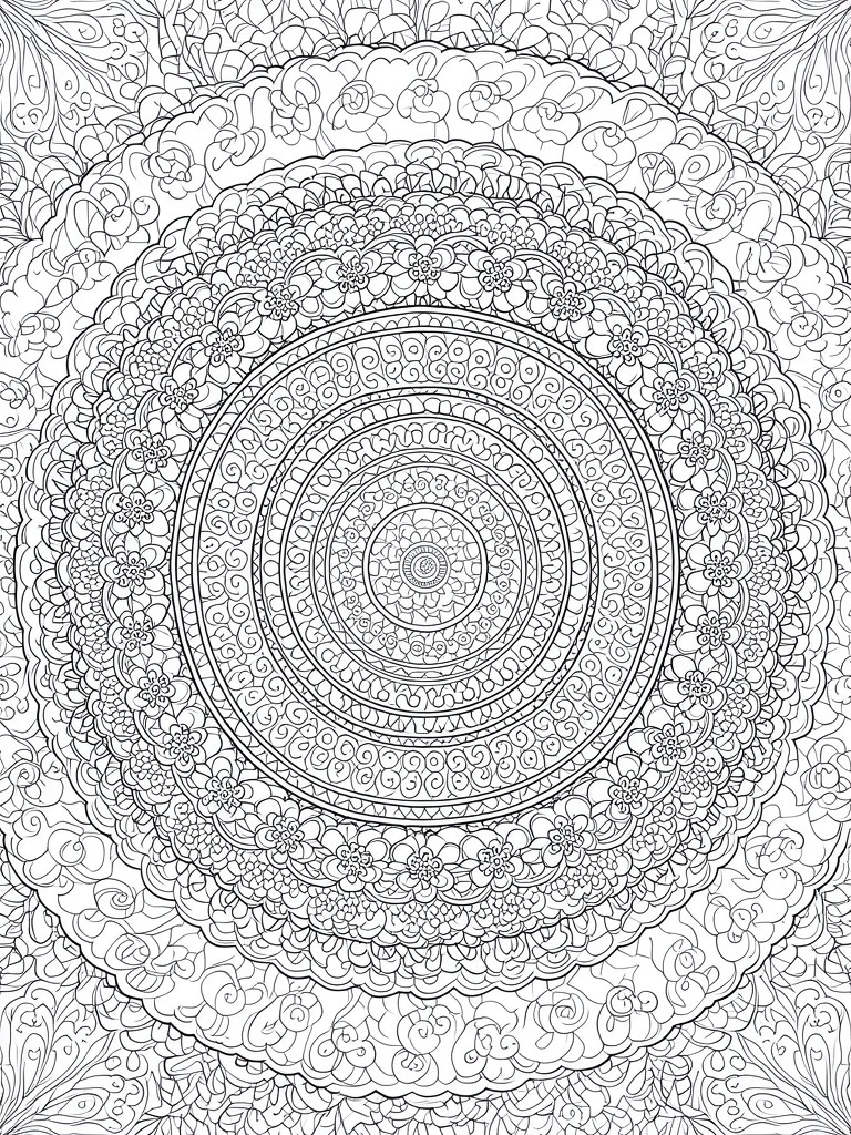 A black and white mandala coloring page with multiple concentric rings of flowers and swirls.