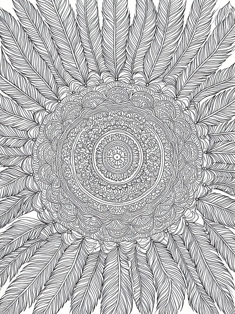 Intricate black-and-white mandala with radiating feathers and ornate concentric patterns.