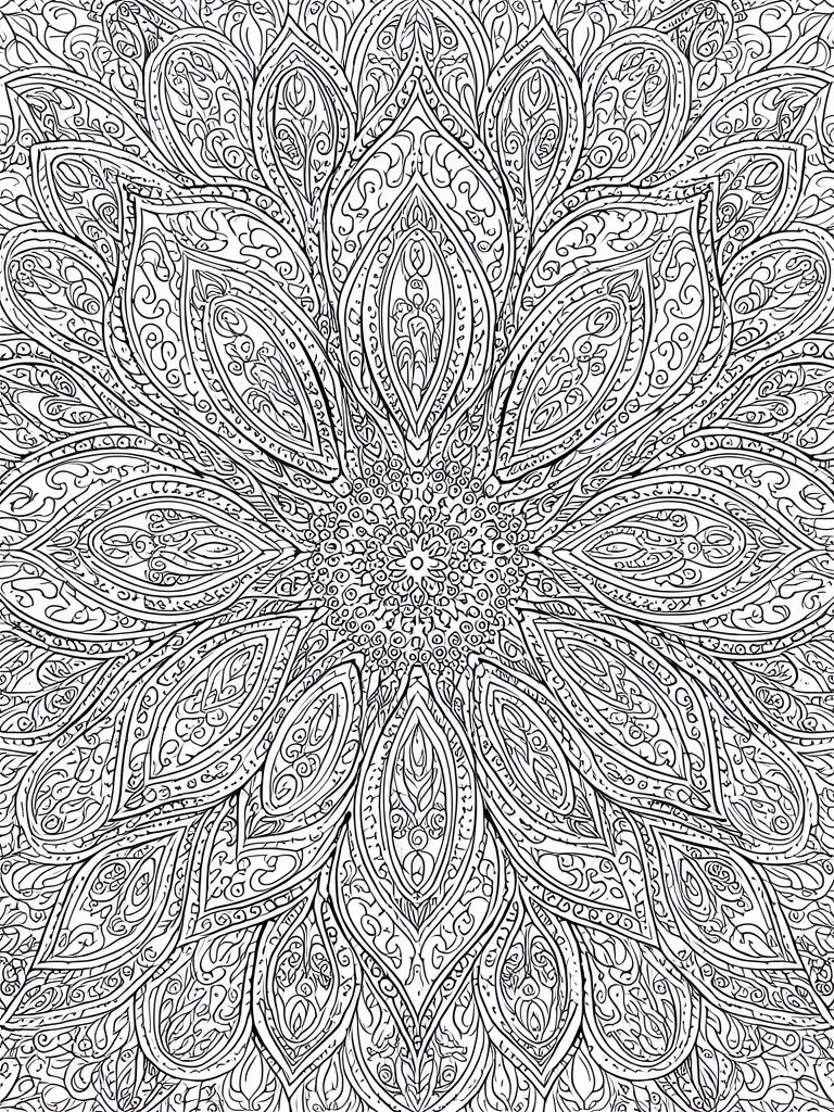 A black and white mandala coloring page featuring intricate symmetrical floral and geometric patterns radiating from the center.