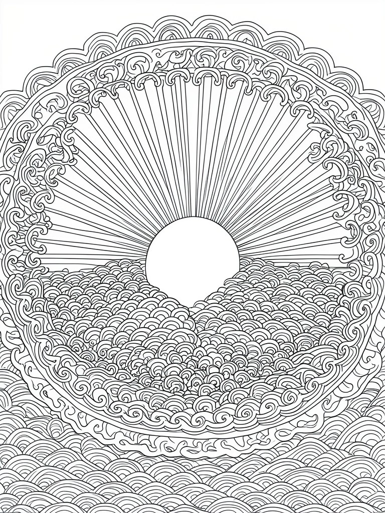 A black and white mandala coloring page with a central sun and rays above layered wave patterns inside an ornate circular border.