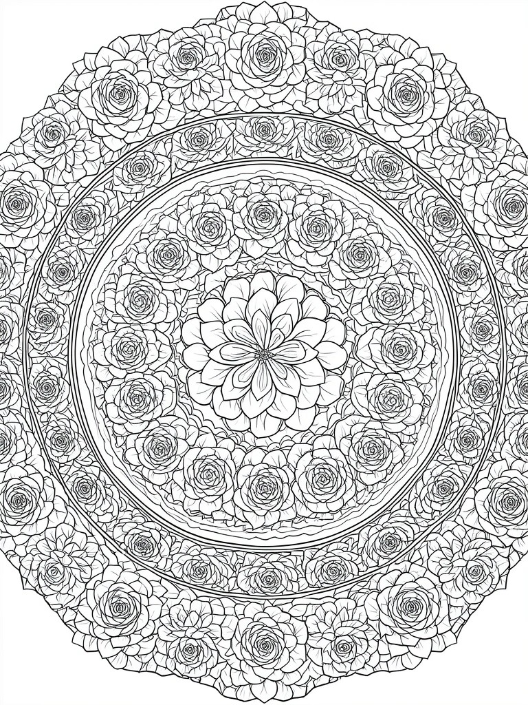 A black and white mandala coloring page with concentric rings of rose flowers surrounding a large central bloom.