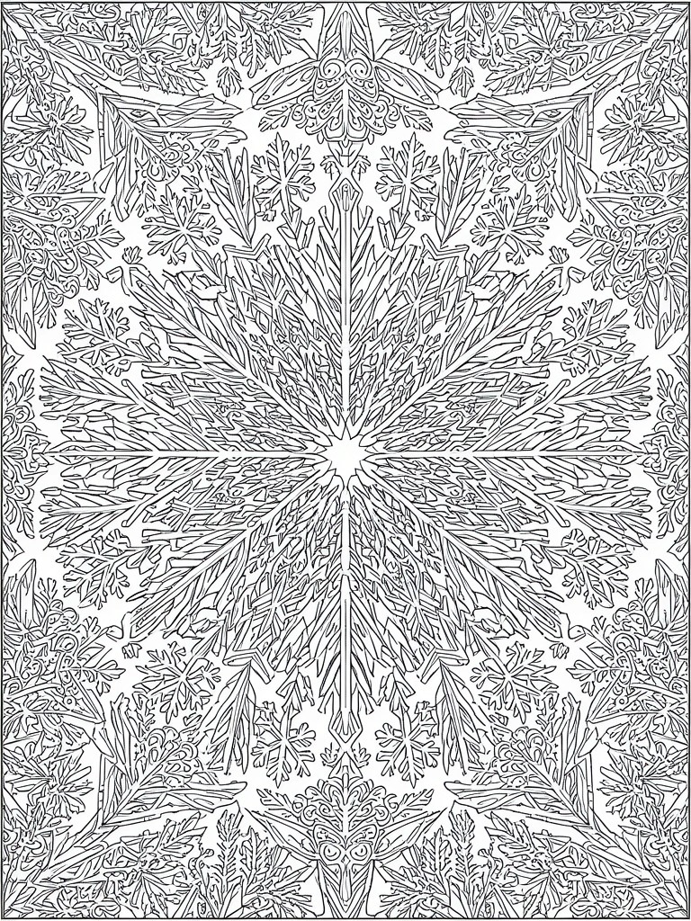 Intricate symmetrical snowflake mandala with leaves, insects, and floral patterns.