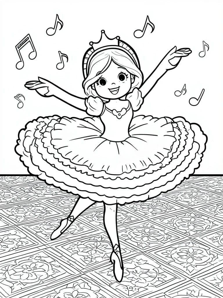 Cheerful ballerina in frilly tutu and crown dancing amid floating musical notes on patterned floor