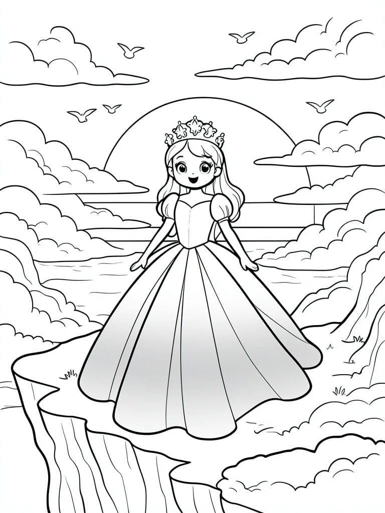 Coloring page of princess in gown and crown on cliff overlooking ocean at sunset