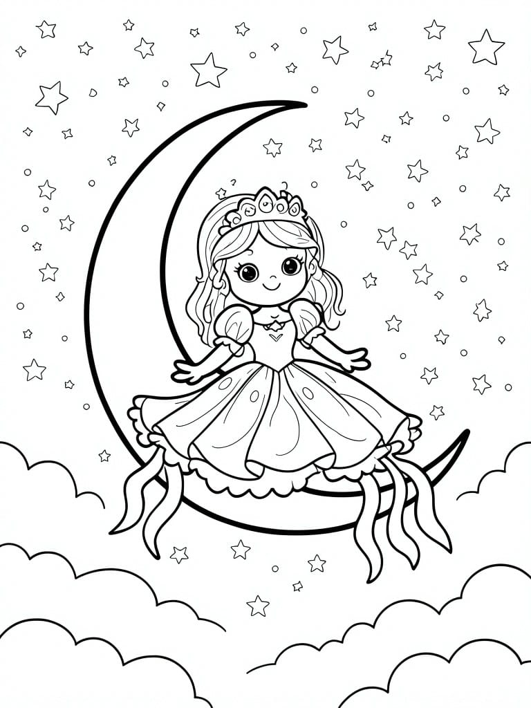 A line drawing shows a princess sitting on a crescent moon surrounded by stars and clouds.