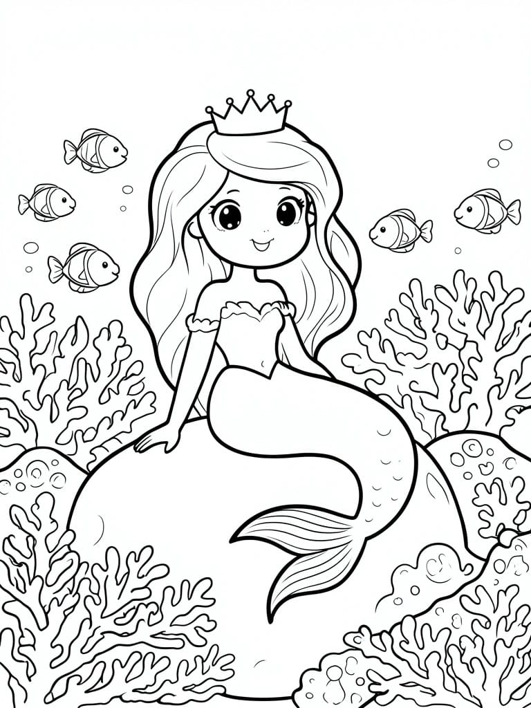 A black and white line drawing of a crowned mermaid sitting on a rock surrounded by fish and coral.