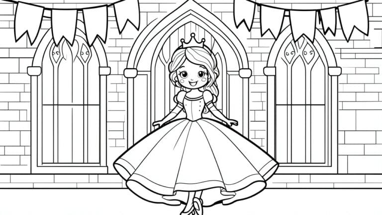 A black and white line drawing of a princess in a ball gown posing with arms out in a castle hall with arched windows and banners.