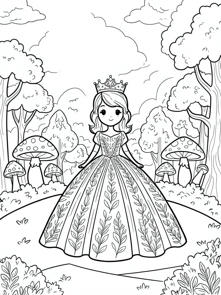 Princess in ornate gown and crown amid forest trees and spotted mushrooms.
