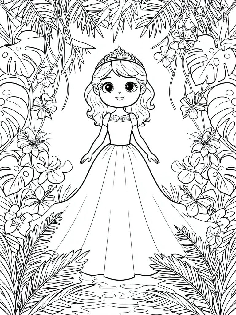 Black and white line drawing of a cartoon princess with crown and long dress standing amid tropical leaves and flowers.