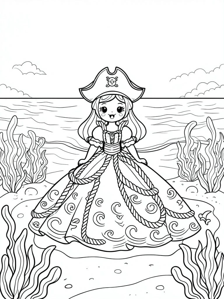 A line drawing of a girl in a pirate hat and large patterned dress standing on the seabed with seaweed and waves around her.
