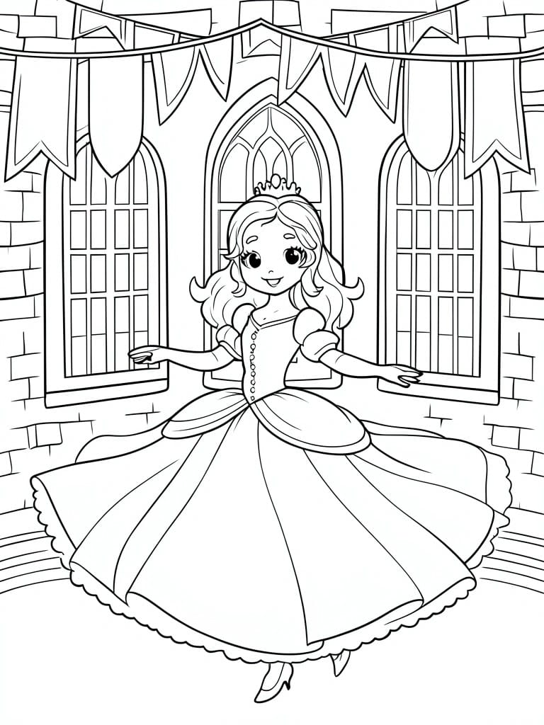A black and white line drawing of a princess in a ball gown posing with arms out in a castle hall with arched windows and banners.