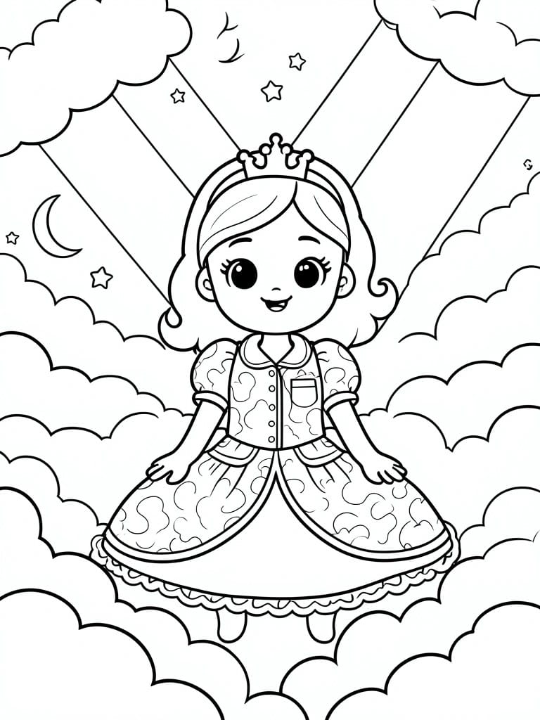Cartoon princess with crown and patterned dress floating among clouds, stars, and moon