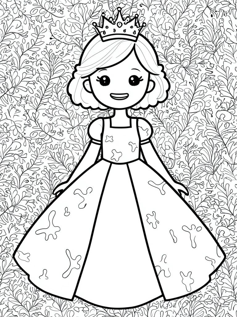 Coloring page of smiling princess with crown and patterned gown in foliage