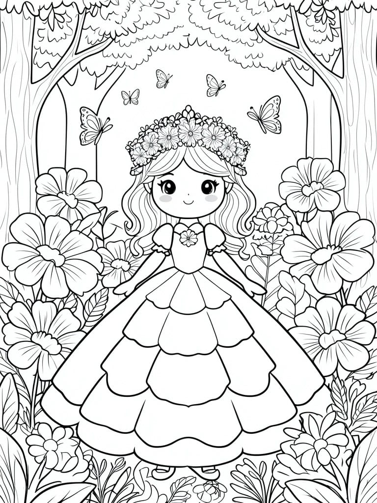 A line drawing shows a princess with a flower crown standing in a forest clearing surrounded by large flowers and butterflies.
