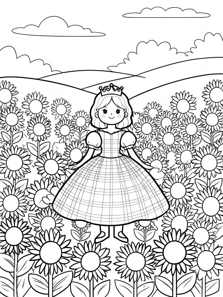 Princess in crown and plaid gown amid sunflowers in rolling hills