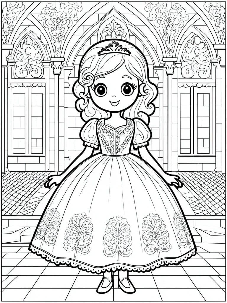 Cartoon princess with curly hair in ornate ball gown inside castle hall