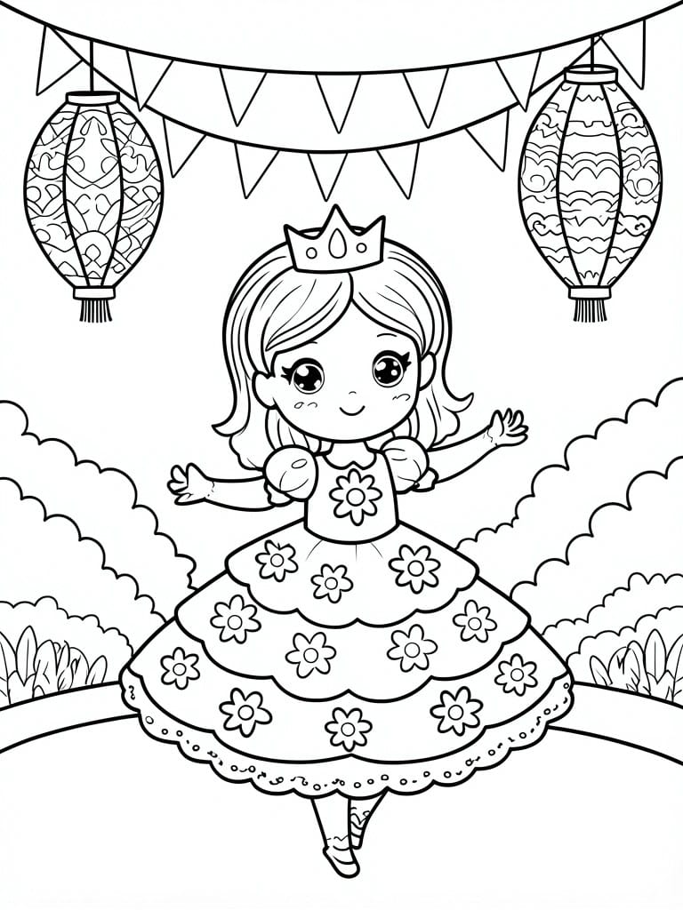 Cartoon princess in floral gown and crown dancing under lanterns and bunting flags.