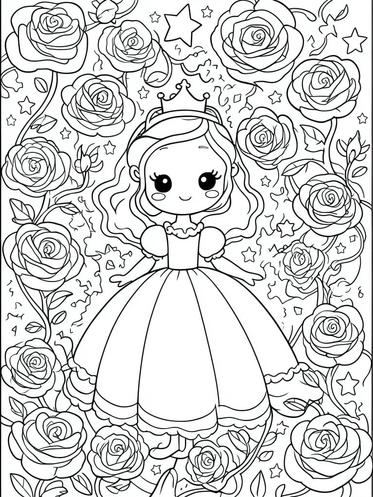 A line drawing of a cartoon princess in a ball gown with roses and stars surrounding her.
