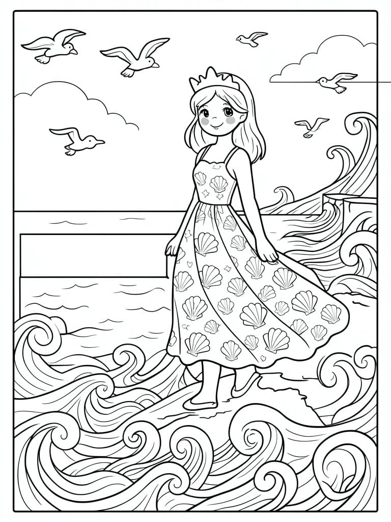 Line drawing of a princess with a crown and seashell dress standing among ocean waves with birds flying overhead.