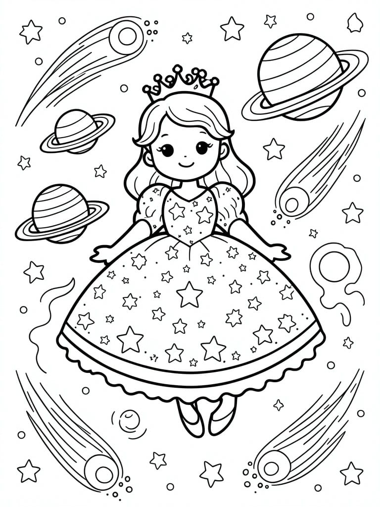 A line drawing of a princess in a star-patterned dress floating among planets, comets, and stars.