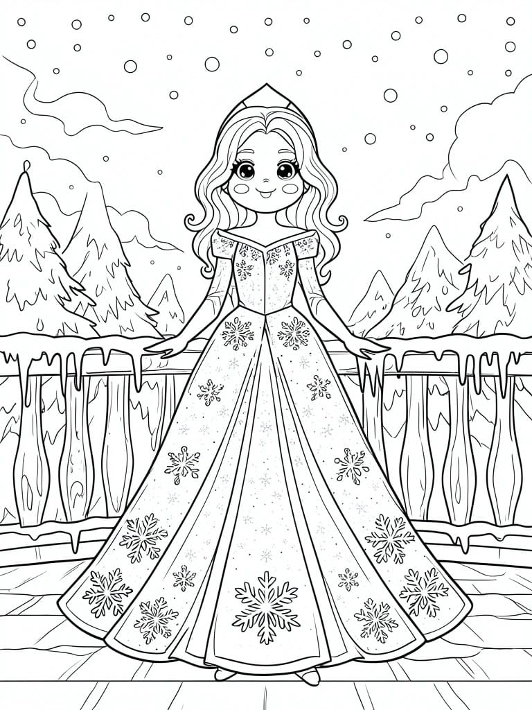 Coloring page of princess in snowflake gown amid snowy mountains and trees