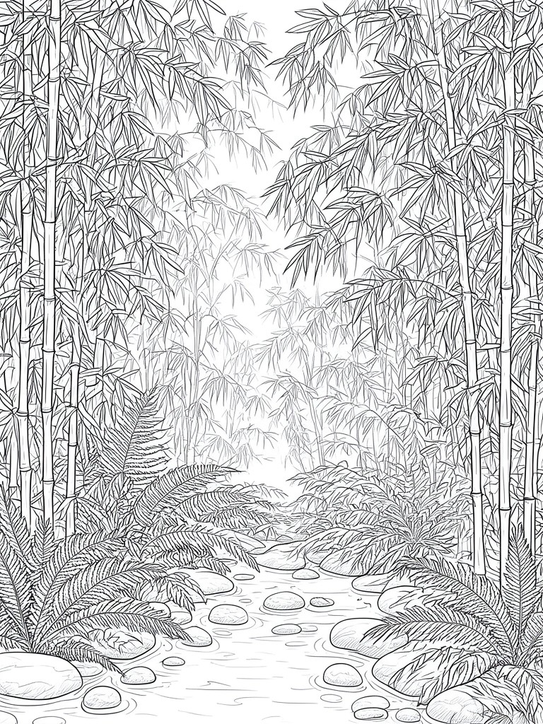 A black and white line drawing of a bamboo forest with a stream running through rocks and ferns.