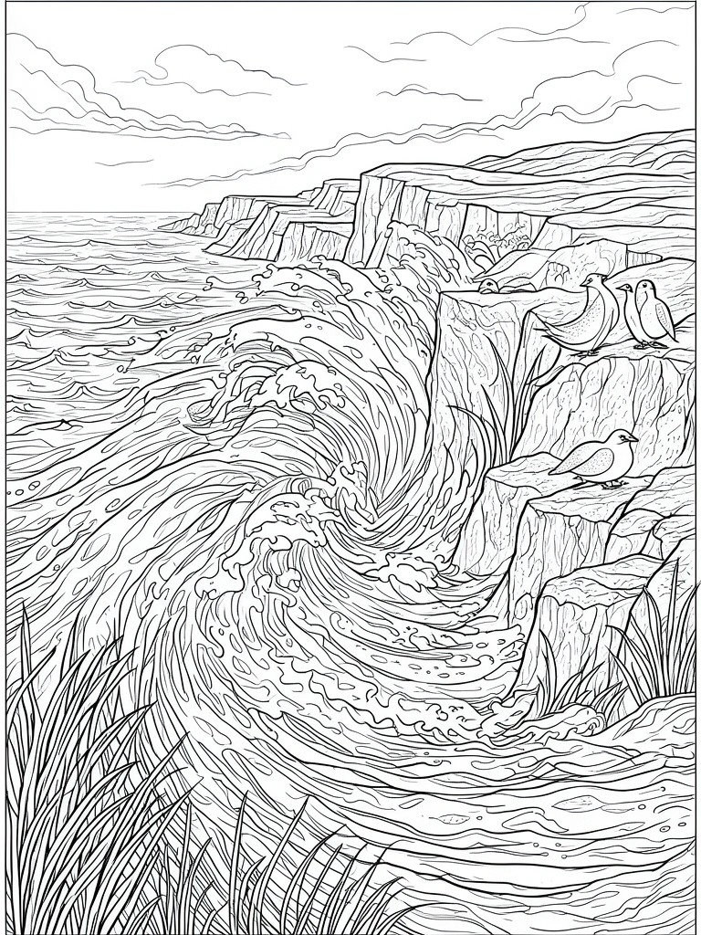A black and white line drawing of waves crashing against cliffs with birds on rocks and grass in the foreground.