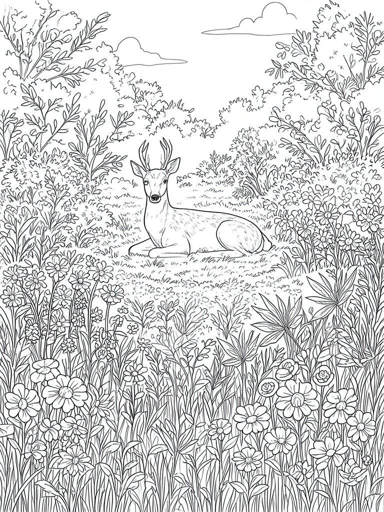 Coloring page line drawing of a deer resting amid wildflowers and foliage