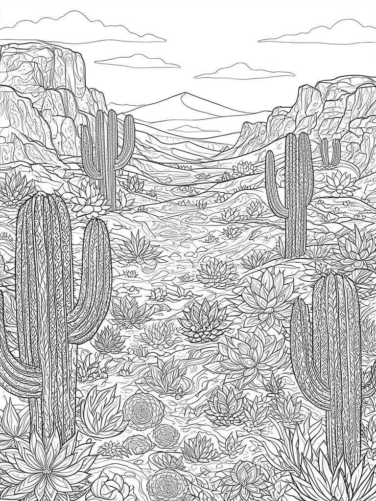A black and white line drawing of a desert landscape with tall cacti, succulents, rocky cliffs, and mountains.