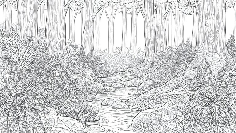 18 Serene Nature Coloring Pages for a Peaceful Afternoon Reset A black and white line drawing of a forest path with tall trees, rocks, and ferns.