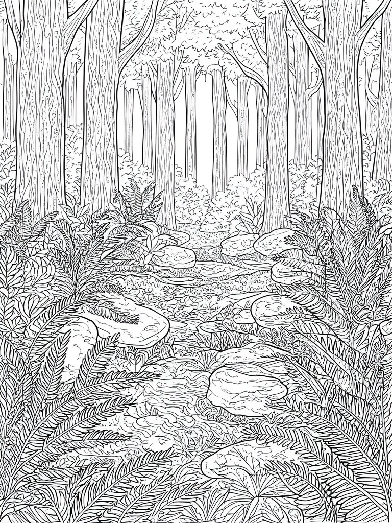 A black and white line drawing of a forest path with tall trees, rocks, and ferns.