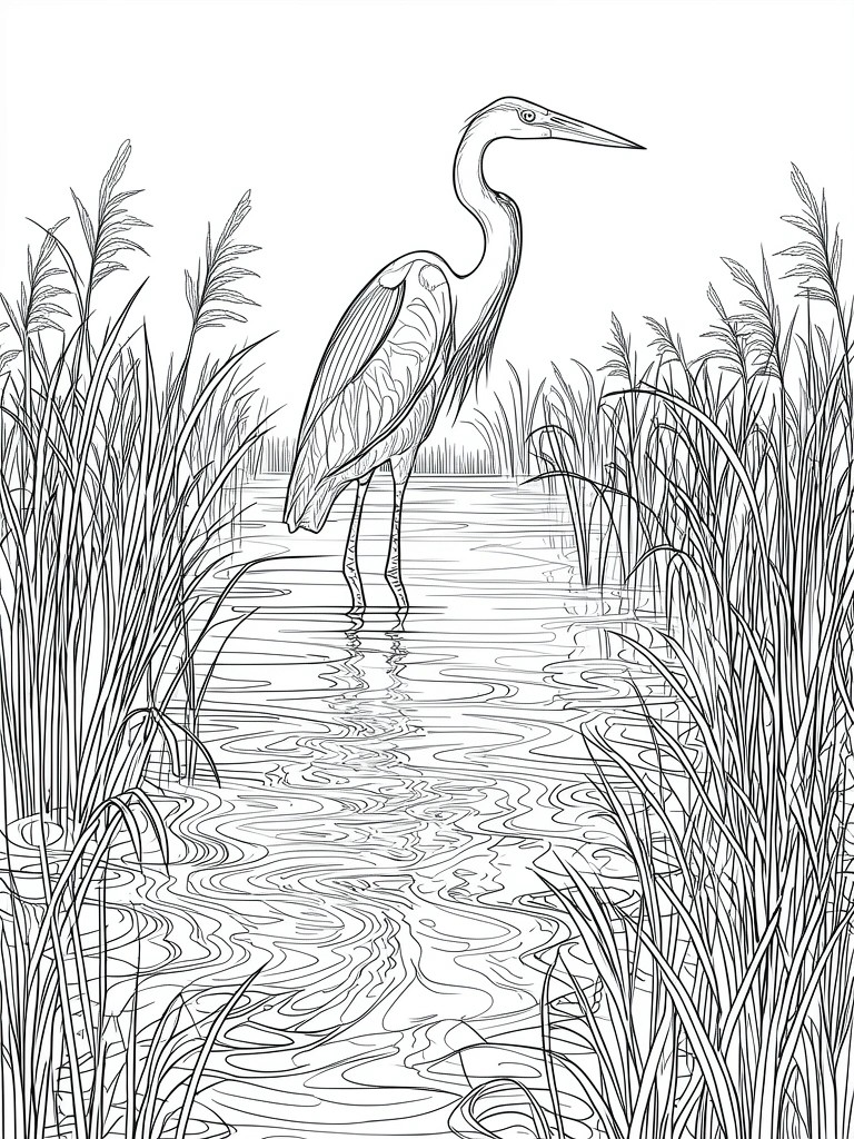 A black and white line drawing of a heron standing in water with reeds and grasses on both sides.