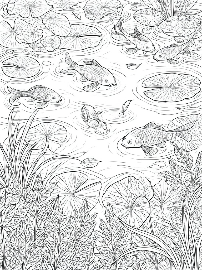 Black and white line art of koi fish swimming among lily pads and reeds