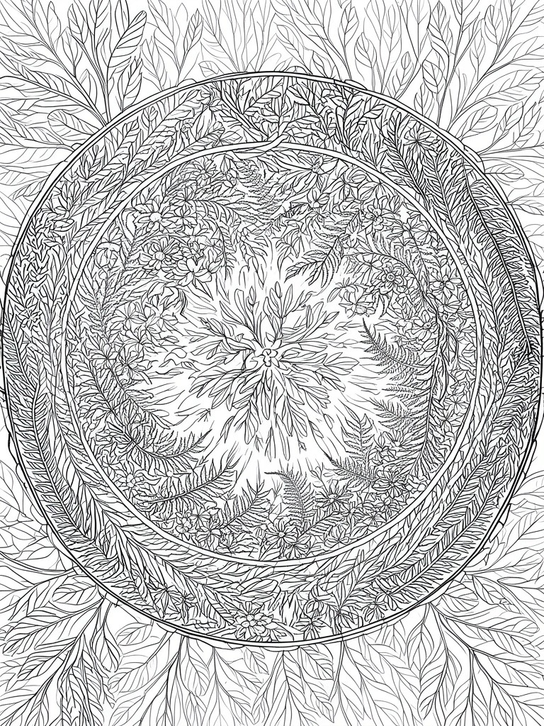 Intricate black-and-white circular mandala of layered flowers, ferns, and leaves